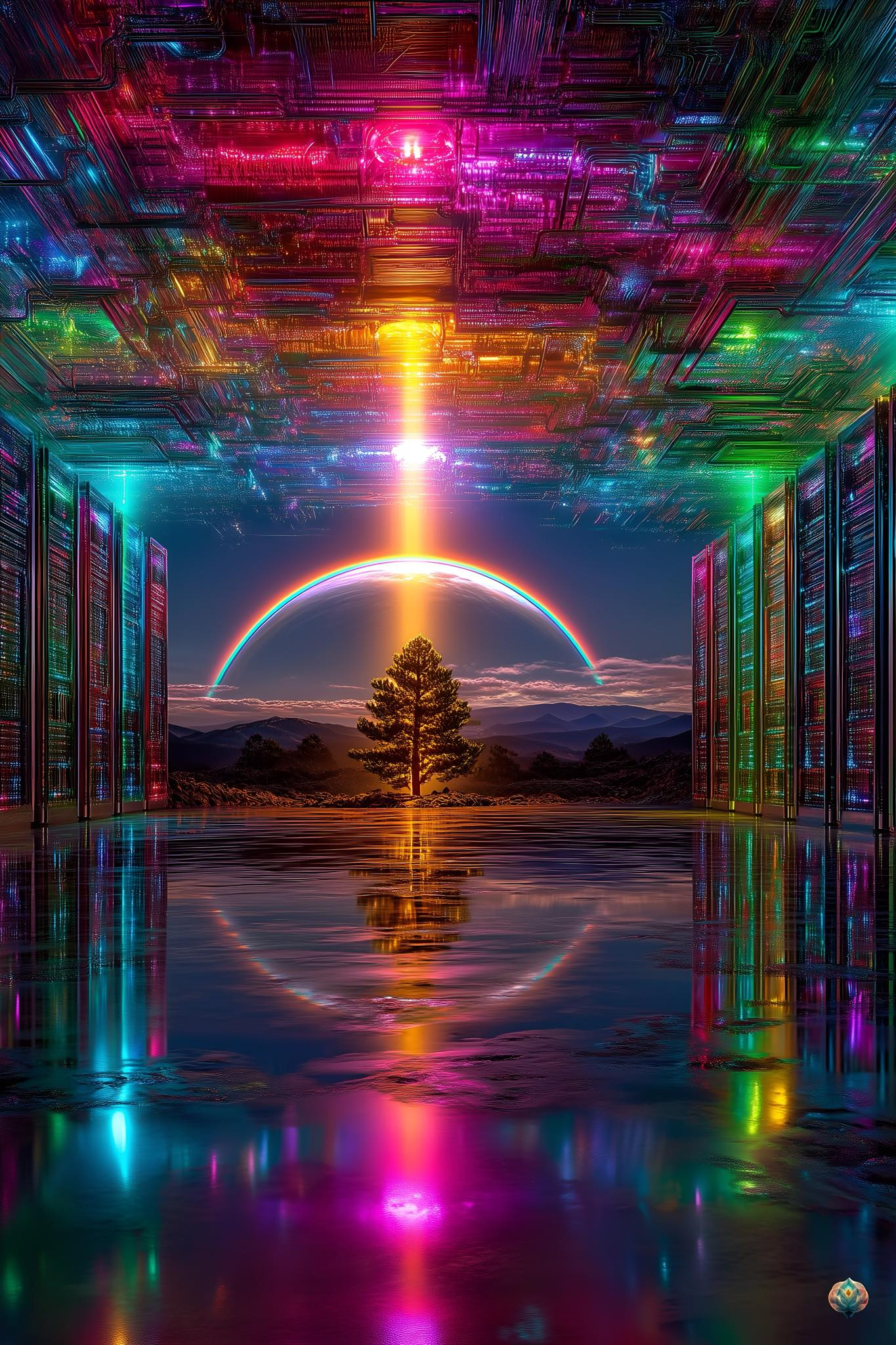 Davanti a noi si apre un paesaggio visionario, in cui natura e tecnologia cosmica si fondono in un’unica sinfonia di luce. Un albero solitario, radicato nel cuore della Terra, si innalza come pilastro sacro. Sopra di esso, un raggio di energia dorata discende dal cielo, connettendo la sorgente luminosa a un grande arco arcobaleno che abbraccia l’orizzonte.  Ai lati, si ergono muri di codici luminosi — come circuiti viventi, intrecciati in un tempio quantico multicolore. Le loro trame pulsano di frequenze, riflettendosi nell’acqua sottostante che diventa specchio di un universo interiore ed esteriore allo stesso tempo.  I colori — viola, turchese, oro, verde smeraldo — vibrano come note di una partitura universale, suggerendo che la realtà stessa sia scritta in luce e coscienza.  L’immagine trasmette un messaggio potente: le radici dell’albero non affondano nella terra, ma nel codice cosmico, ricordandoci che la vita non è un fenomeno isolato, ma parte di un disegno quantico più vasto.